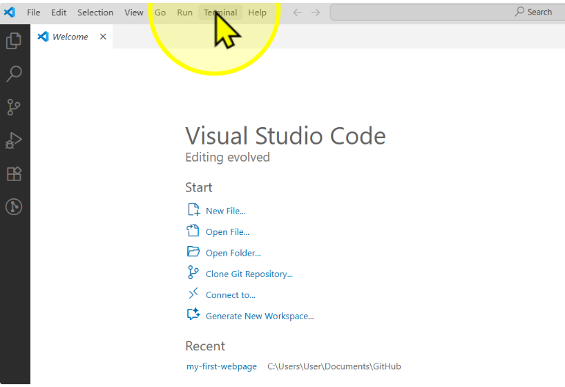 Click Terminal menu in VS Code