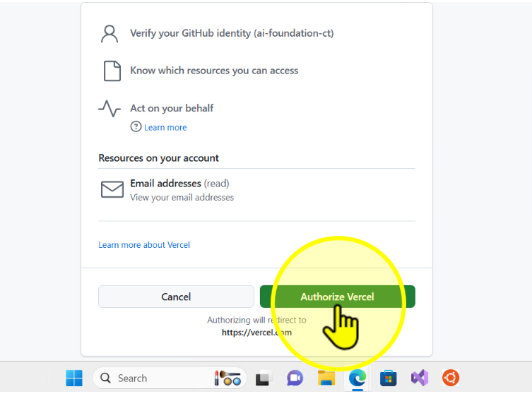 Authorize Vercel access with GitHub