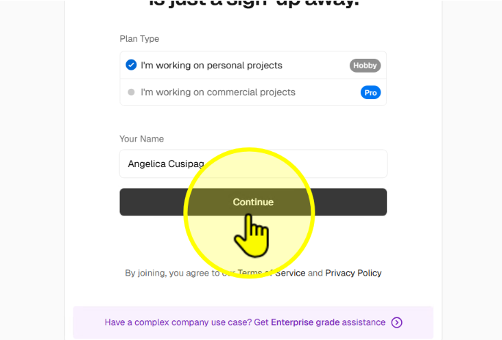 Enter full name and continue