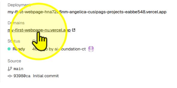 Live site link in Vercel
