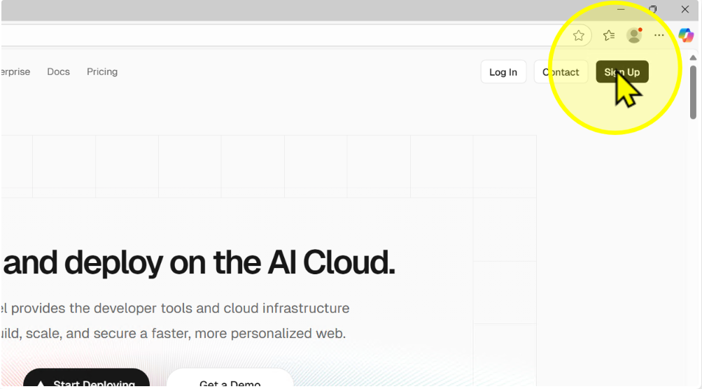 Sign Up button on Vercel homepage