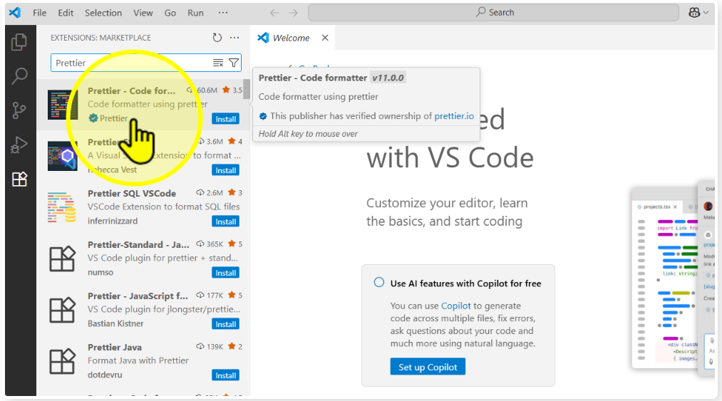 Select the Prettier extension