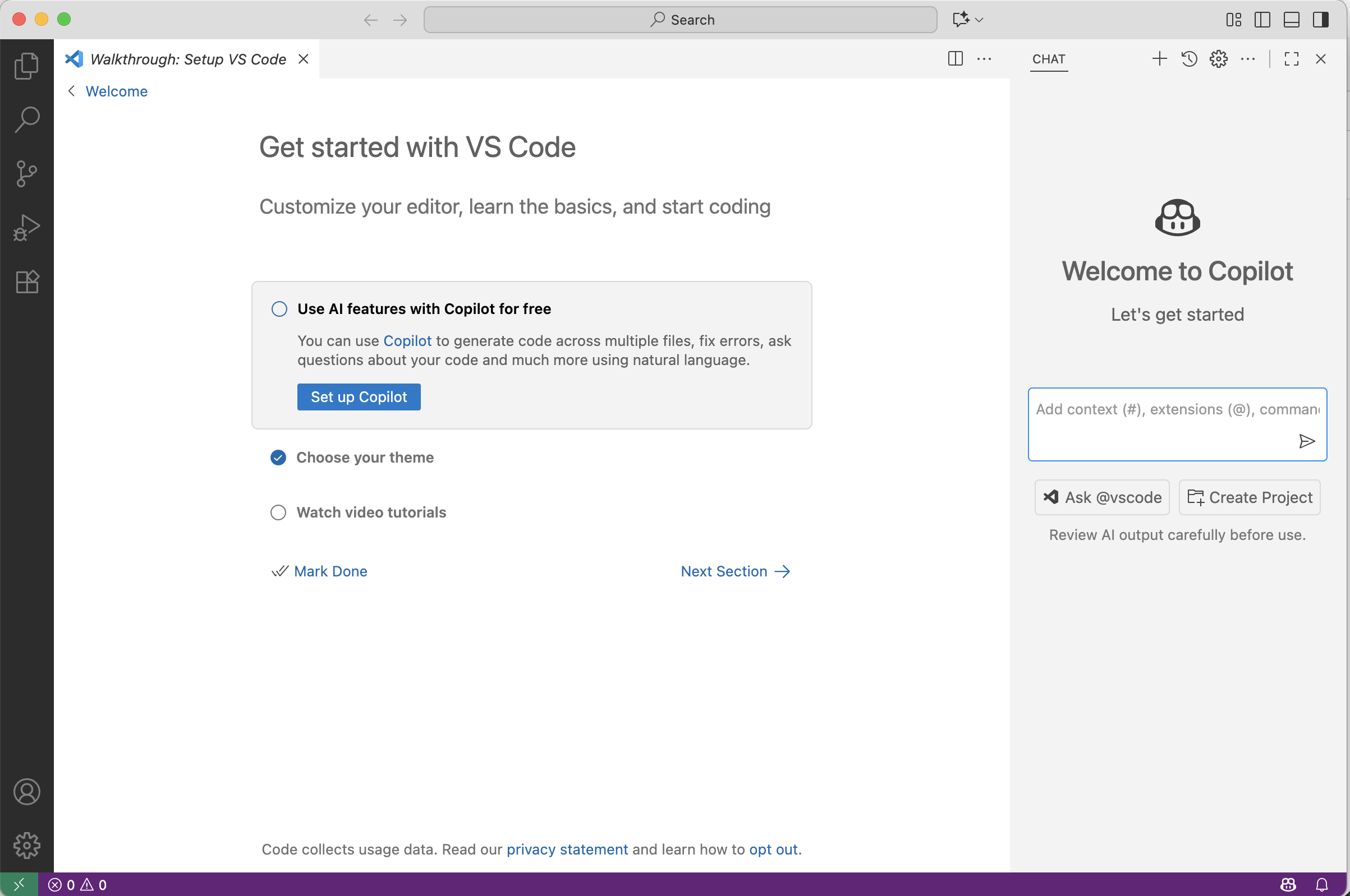 VS Code welcome screen