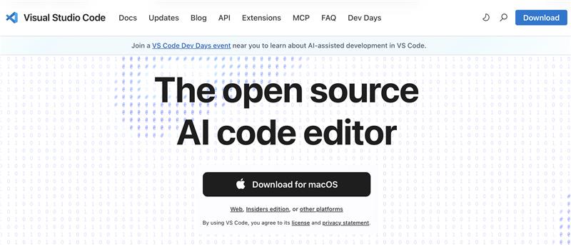 VS Code download page showing platform buttons
